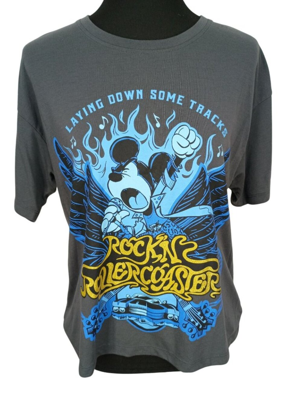 Disney Mickey Rockin Roller Coaster Graphic Tee With Lace-Up Back XL‎ Gray
